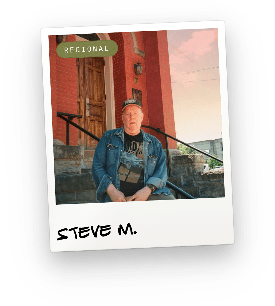 The archive's card for Steve M.'s story: a tilted polaroid, a Regional tag, his name in marker