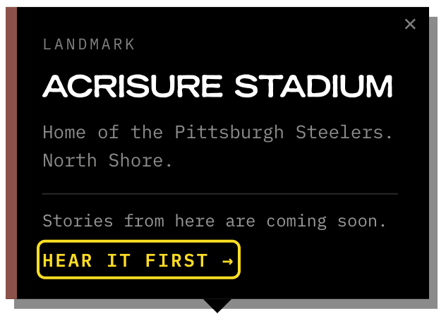 The story card a landmark opens: Acrisure Stadium, a line on it, its stories coming soon