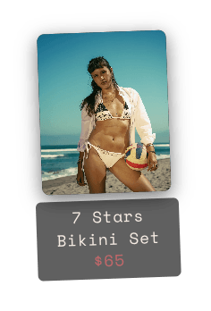 The 7 Stars Bikini Set's polaroid, tilted, its name and price on the tag