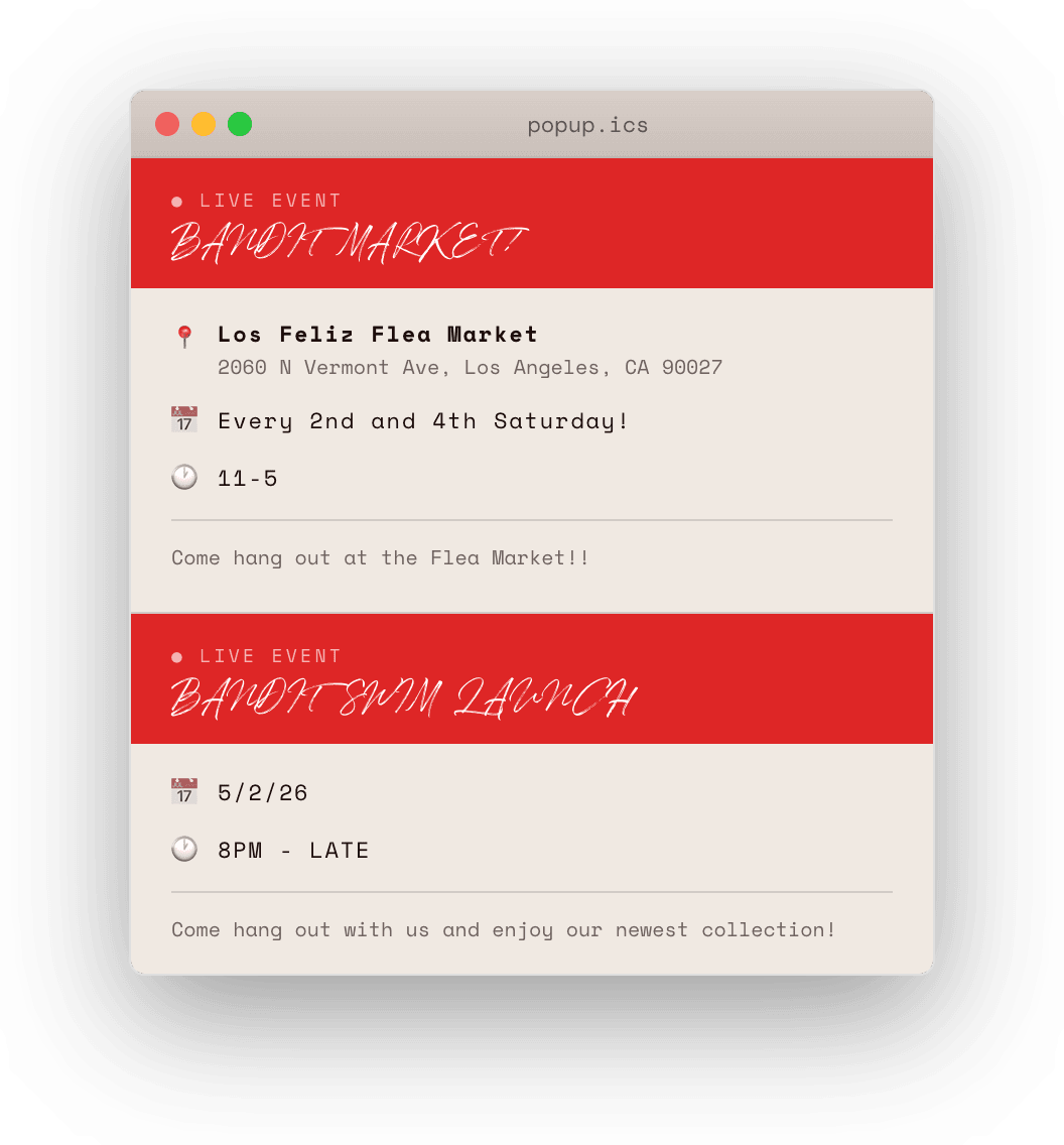 The popup.ics window: two live events, each under a red script banner