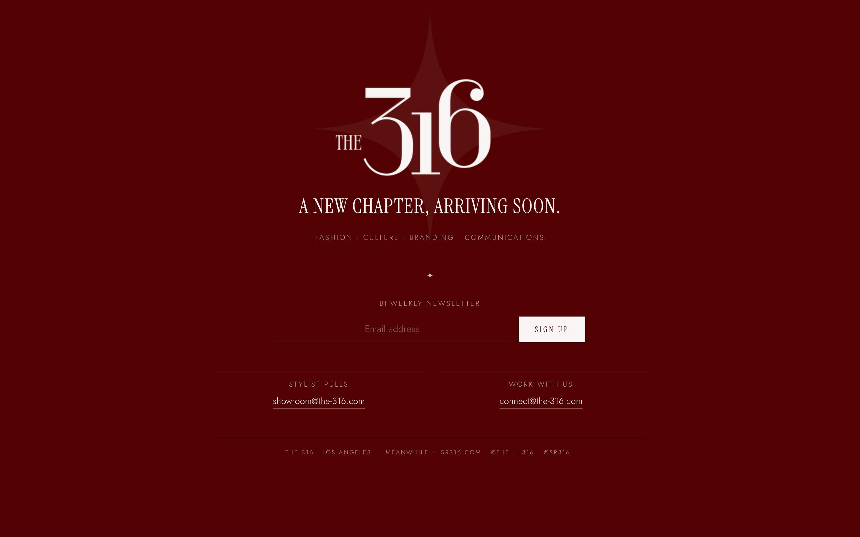The 316's holding page: the wordmark over its star, “A new chapter, arriving soon.”, the newsletter sign-up and two contact routes